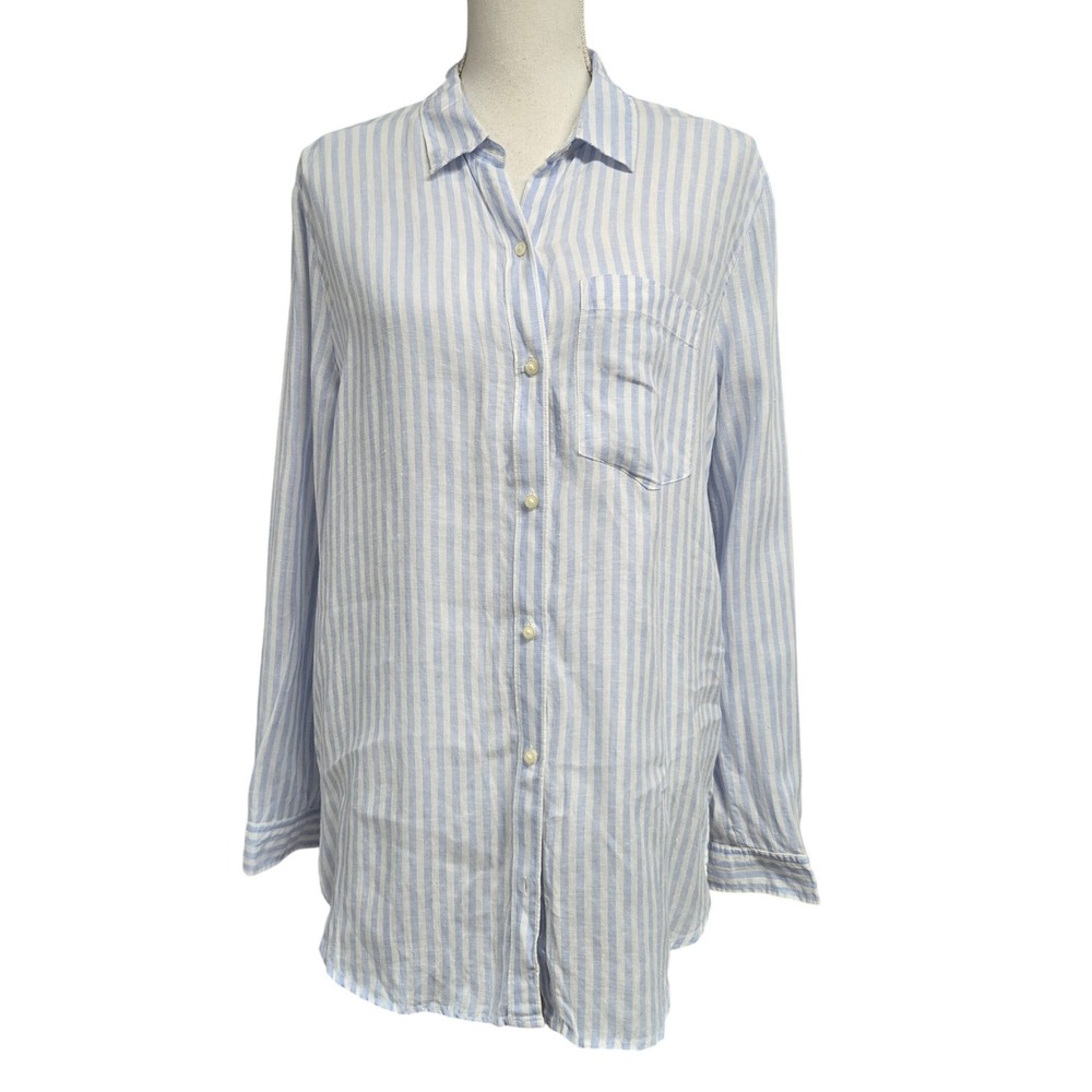 Gap Boyfriend Shirt Button Down Shirt 100% Linen White Blue Striped Women's Sz M